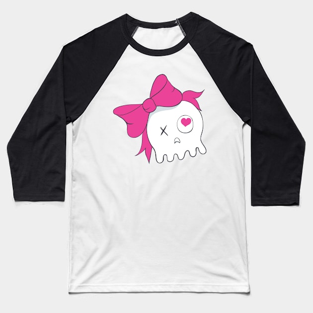 Cute Skull with Pink Bow Baseball T-Shirt by CraftyCatz